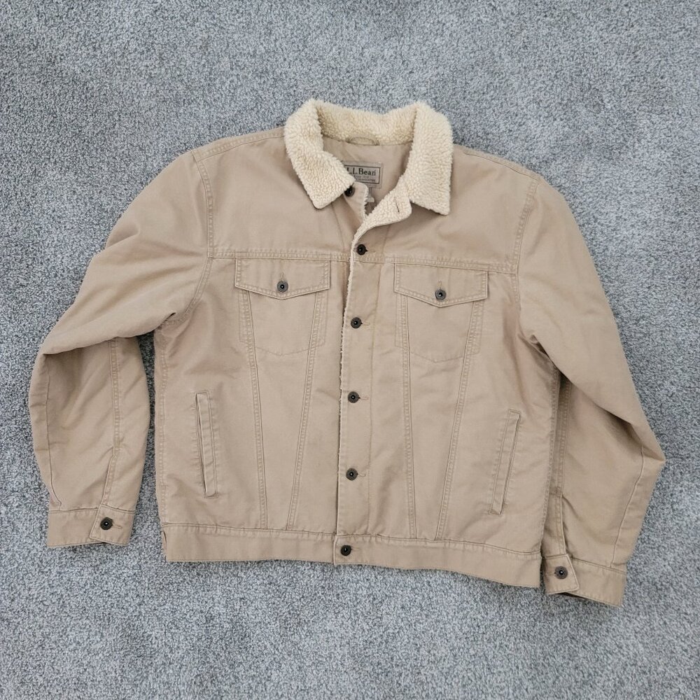 Men's L.L. Bean khaki Sherpa Lined Button Down Jacket Large